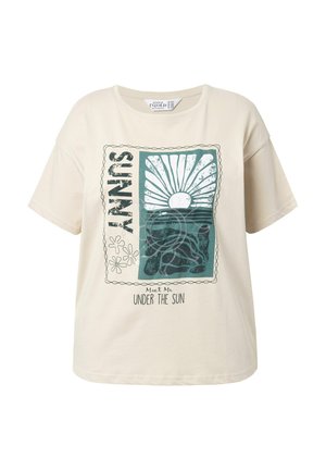Kremowa bawełniana koszulka z grafiką przedstawiającą słońce i fale, z napisem "Spotkajmy się pod słońcem" oraz kwiatowymi akcentami.