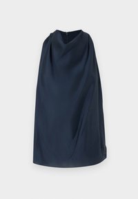 Laahus tummansinisenä, jossa on korkea kaulus ja takajetkki. Sujuva kangas, minimalistinen muotoilu ja sivulla hienovarainen logo.