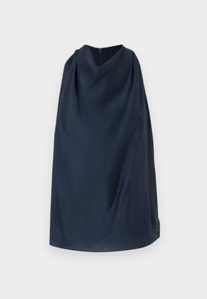 Cloak de marină cu guler înalt și fermoar la spate. Țesătură netedă, design minimalist și un accent subtil cu logo pe lateral.
