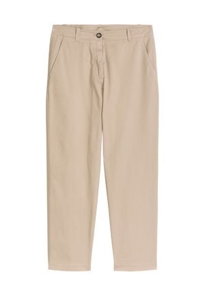 Beige recht model broek met riemlussen, sluiting met knoop en rits aan de voorkant, en zijzakken, weergegeven op een witte achtergrond.