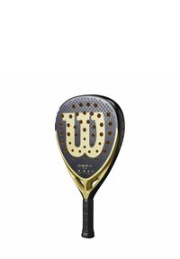 Zwarte en gouden peddel met een geperforeerd oppervlak, voorzien van een groot, vet "W"-logo. Het handvat is getextureerd voor grip en ontworpen voor peddelsporten.