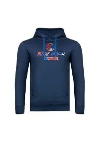Felpa blu navy con coulisse regolabile, grande tasca anteriore, polsini a costine e grafica "BIDI BADI PADEL" stampata in multicolore.