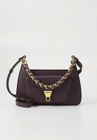 Purple leather handbag with a textured finish, featuring a gold chain strap and clasp closure. Includes an adjustable shoulder strap.