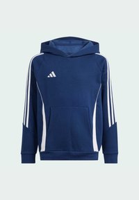 Navyblauer Kapuzenpullover mit Kängurutasche, weißen Seitenstreifen und einem Logo auf der Vorderseite. Hergestellt aus weichem, strukturiertem Stoff mit lockerer Passform.
