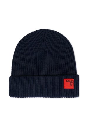 Granatowy wełniany beanie o prążkowanej fakturze. Posiada składany mankiet oraz małą czerwoną metkę z napisem "MAX" i logo po boku.