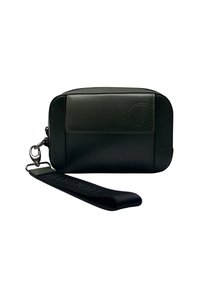 Black leather pouch with smooth texture, zip closure, front pocket, and detachable strap featuring embossed logo detail.