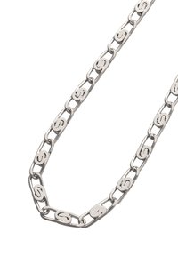 Halskæde i sølvfarvet metal med ovale led og stiliserede "S"-detaljer, glat overflade og poleret finish.