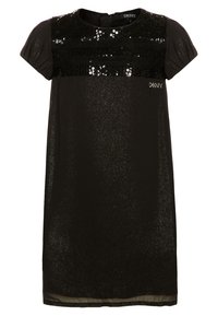 Vestido negro de manga corta con panel superior de lentejuelas, tejido de textura suave, escote redondo y sutil acento del logo de DKNY en la parte frontal.