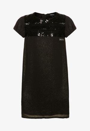 Černé šaty s krátkým rukávem, s flitrovým vrchním panelem, hladkou tkaninou, kulatým výstřihem a jemným akcentem loga DKNY na přední straně.