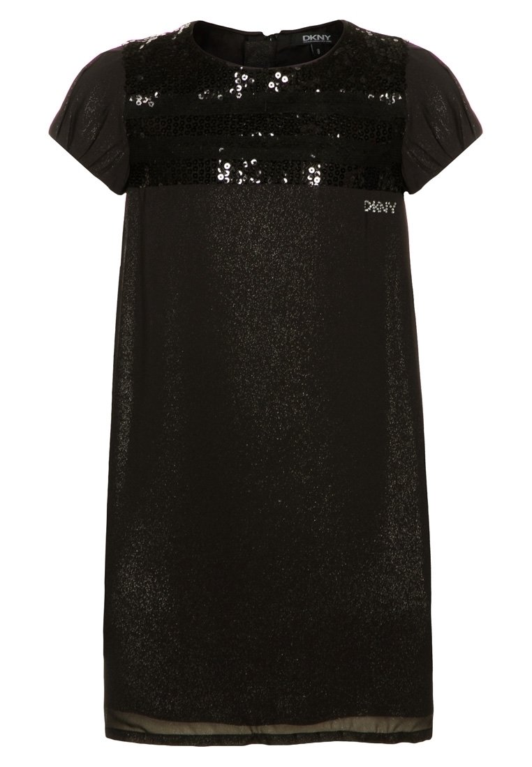 Vestido negro de manga corta con panel superior de lentejuelas, tejido de textura suave, escote redondo y sutil acento del logo de DKNY en la parte frontal.