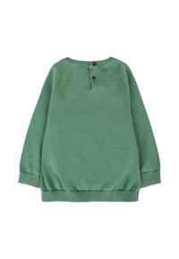 Pullover verde in cotone con scollo rotondo, maniche lunghe, polsini a costine e orlo arricciato. Due bottoni sulla parte posteriore dello scollo.