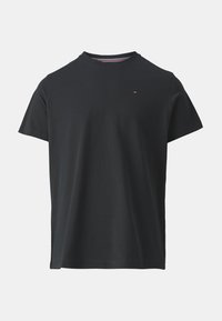 T-shirt en coton noir avec un col rond, des manches courtes et un petit logo sur la poitrine. Texture lisse, coupe décontractée. Design basique.