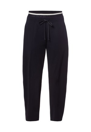 Black lightweight pants with elastic waistband, drawstring tie, and relaxed straight-leg fit.