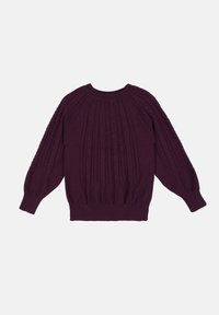 Lila Strickpullover mit strukturiertem Muster, erhobenen Kabeln, rundem Ausschnitt sowie gerippten Bündchen und Saum.