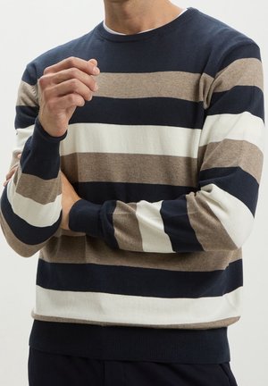 Homme portant un pull à rayures horizontales bleu marine, marron et blanc, les bras croisés et une main levée près du menton.