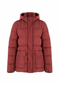 Giacca a vento rossa con cappuccio, caratterizzata da un design trapuntato, tasche anteriori con chiusura a pressione e zip. Tessuto liscio con finitura opaca.