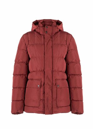 Giacca a vento rossa con cappuccio, caratterizzata da un design trapuntato, tasche anteriori con chiusura a pressione e zip. Tessuto liscio con finitura opaca.