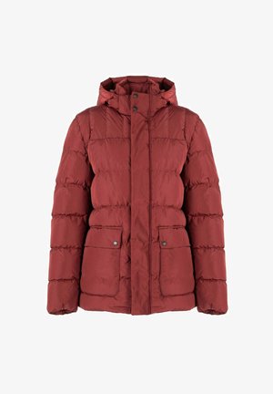 Giacca a vento rossa con cappuccio, caratterizzata da un design trapuntato, tasche anteriori con chiusura a pressione e zip. Tessuto liscio con finitura opaca.