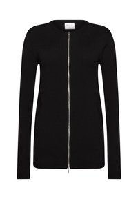 Svart långärmad cardigan i mjukt tyg, med dragkedja fram och sidofickor, med en slät textur och figurnära design.