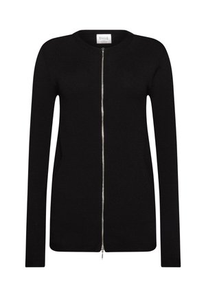 Zwarte lange mouwen cardigan gemaakt van zachte stof, met een rits aan de voorkant en zijzakken, met een gladde textuur en een getailleerd ontwerp.