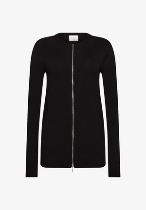 Zwarte lange mouwen cardigan gemaakt van zachte stof, met een rits aan de voorkant en zijzakken, met een gladde textuur en een getailleerd ontwerp.
