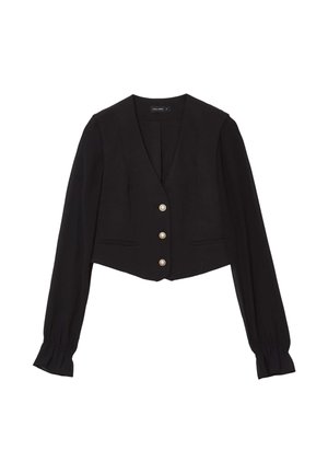 Blazer noir court avec des manches longues, décolleté en V et quatre boutons décoratifs à l'avant. Fabriqué dans un tissu lisse avec un léger éclat.