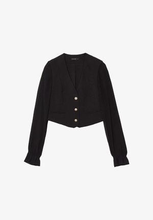 Black cropped blazer with long sleeves, v-neckline, and four decorative buttons at the front. Made of smooth fabric with subtle sheen.