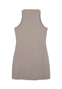 Abito senza maniche con scollatura tonda in morbido tessuto taupe. Presenta una linea dritta con bordi puliti e cuciture minime per un aspetto uniforme.