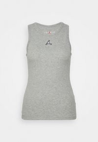 Gray sleeveless tank top made of cotton, featuring a round neckline and a small black and white Jumpman logo on the chest.
