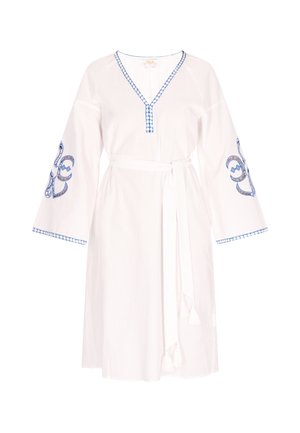 White dress featuring a v-neckline, blue embroidered accents on sleeves, and a tied waist with decorative tassels. Soft fabric texture.