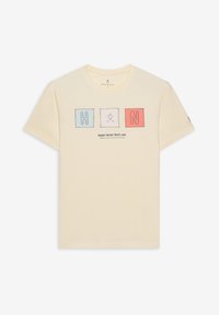 Camiseta de algodón en crema claro, con gráficos de letras cuadradas coloridas "H" y "N," y un icono central. El texto abajo dice: "¡Peligro! Zona del tiburón Harper."