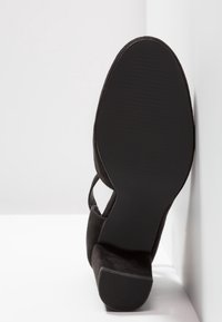 Chaussure femme en daim noir à bride de cheville avec talon bloc, vue de côté de la semelle sur fond blanc d'angle.