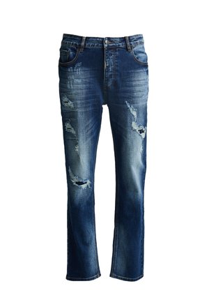 Blaue Jeans aus Denim mit distressed Details, die Risse und Ausbleichungseffekte aufweisen. Das Design umfasst einen klassischen Fünf-Taschen-Stil und gerade Beine.