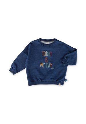 Marineblaue Kinder-Sweatshirt mit farbig besticktem Text "TODAY IS MY DAY" auf der Vorderseite und langen Ärmeln mit Bündchen.