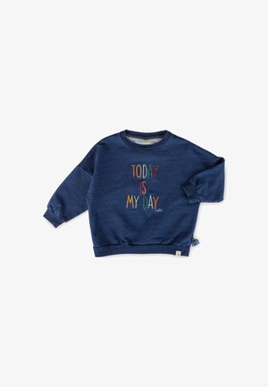 Marineblaue Kinder-Sweatshirt mit farbig besticktem Text "TODAY IS MY DAY" auf der Vorderseite und langen Ärmeln mit Bündchen.