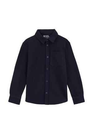 Tmavě modrá košile s dlouhým rukávem na knoflíky, s kapsou na hrudi, límcem a stiskacími knoflíky, zobrazena na bílém pozadí.
