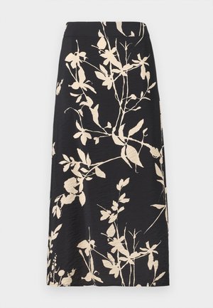 Jupe midi noire avec motifs floraux et de feuilles beiges, texture lisse, et taille cintrée.