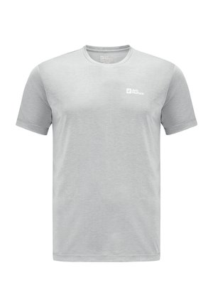 T-shirt grigio chiaro realizzato in tessuto morbido, con scollatura rotonda, maniche corte e un piccolo logo bianco sul lato sinistro del petto.