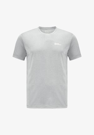 T-shirt grigio chiaro realizzato in tessuto morbido, con scollatura rotonda, maniche corte e un piccolo logo bianco sul lato sinistro del petto.