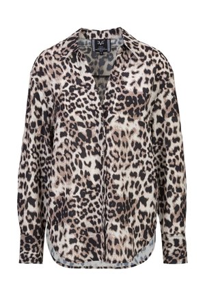 Chemise à manches longues à boutons avec un motif léopard marron et noir et col standard, taille petite.