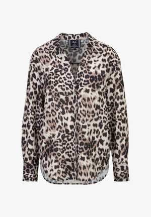 Overhemd met lange mouwen met bruin-zwart luipaardprint patroon en standaardkraag, maat small.