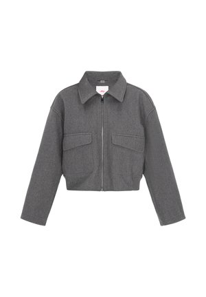 Gray cropped jacket made of wool blend, features a zip front, spread collar, and two chest pockets, with a slightly textured surface.