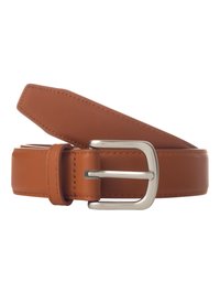 Brown leather belt with a smooth finish, featuring a silver metal buckle and clean stitching along the edges. Classic rectangular shape.