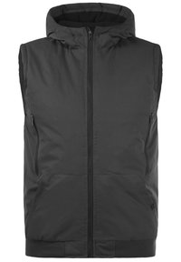 Svart ermeløs vest med hette, frontglidelås, to sidelommer og ribbestrikkede mansjetter i kanten. Glatt, matt stoff med subtil tekstur.