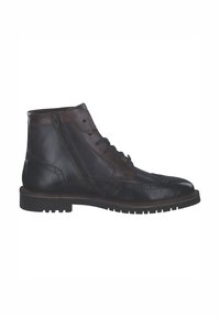 Lederknöchelstiefel mit schwarzem Obermaterial und braunen Akzenten, Schnürung an der Vorderseite, Brogue-Details, seitlichem Reißverschluss und strukturiertem Gummisohlen.