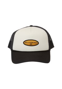 White and black mesh trucker cap with orange oval Billabong logo patch on the front panel and black brim.