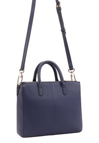 Donkerblauw leren handtas met dubbele handgrepen en een afneembare schouderriem. Voorzien van een ritssluiting en een gladde textuur.