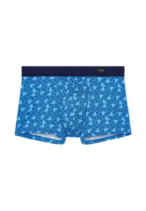 Blue men's boxer briefs with dark blue waistband and light blue geometric leaf pattern.