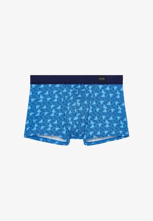 Blue men's boxer briefs with dark blue waistband and light blue geometric leaf pattern.