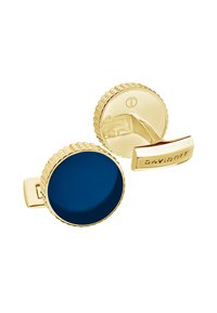 Goldfarbene Manschettenknöpfe mit runden blauen Emaille-Zentren, strukturierten Rändern und einem Toggle-Verschluss mit dem gravierten Markennamen "Davidoff."